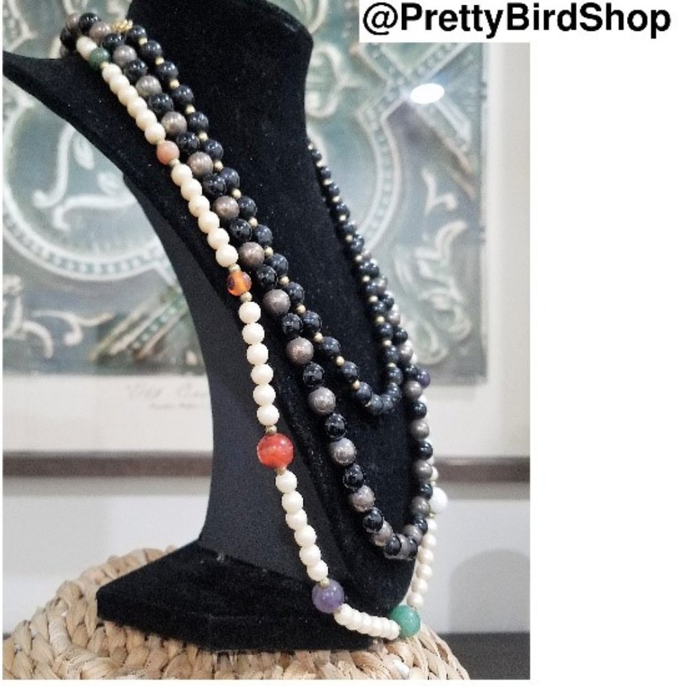 Vintage 3 NECKLACE SET stone brass VGUC - Picture 2 of 8